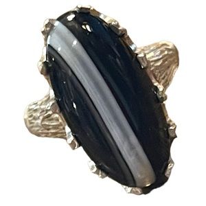 Antique 950 Silver striped Black onyx Handmade oblong Brutalist ring